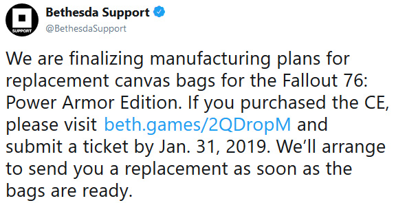 Bethesda is sending out replacements for Fallout 76's nylon trash bags